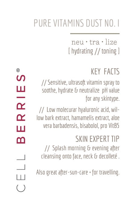 CELLBERRIES® Pure Vitamins Dust NO. I - beruhigendes Hyaluron Tonic mit Aloe Vera, Hamamelis & Weidenrinden-Extrakt für strahlende, hydratisierte Haut