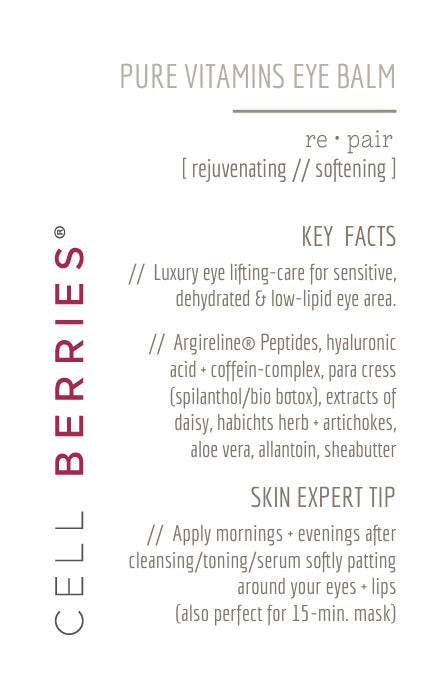 CELLBERRIES® Pure Vitamins Eye Balm - Luxuriöse Augencreme mit BIO-Botox, 4-fach-Hyaluronsäure und Peptiden für eine strahlende, straffe Augenpartie.