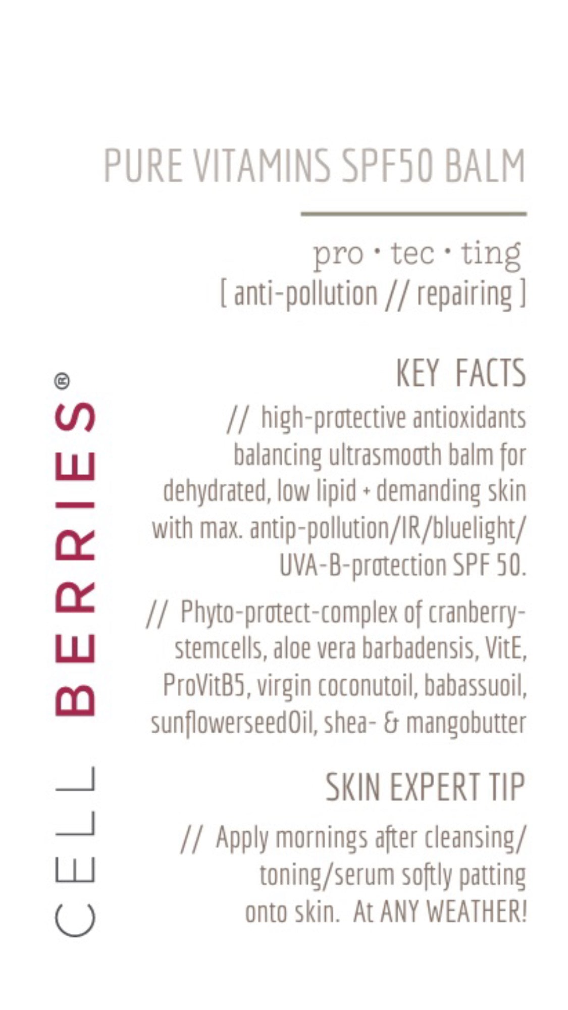 CELLBERRIES® Pure Vitamins SPF 50 Balm - Hochwirksamer Schutzbalsam mit Antioxidantien und natürlichen Ölen für umfassenden Hautschutz und Pflege