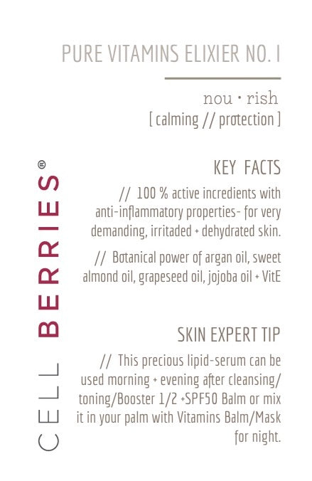 CELLBERRIES® Pure Vitamins Elixier NO. I - Hochkonzentriertes Lipid-Serum mit Arganöl, Mandelöl, Traubenkernöl und Vitamin E für beruhigte, gestärkte Haut