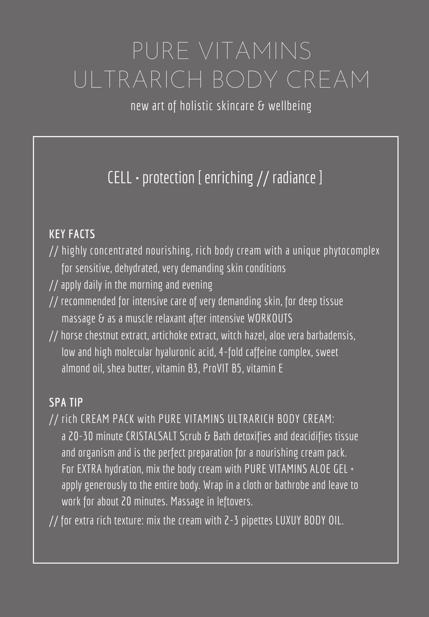 Reichhaltige Körpercreme mit Hyaluronkomplex Produktkarte mit Anwendungsempfehlung