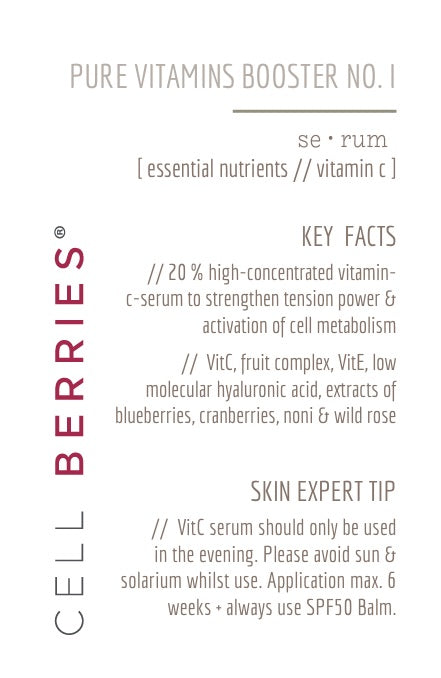 CELLBERRIES® Pure Vitamins Booster NO. I - 20% Vitamin C Serum mit Hyaluronsäure und Extrakten von Blaubeere, Noni, Wildrose und Cranberries für strahlende, straffe Haut