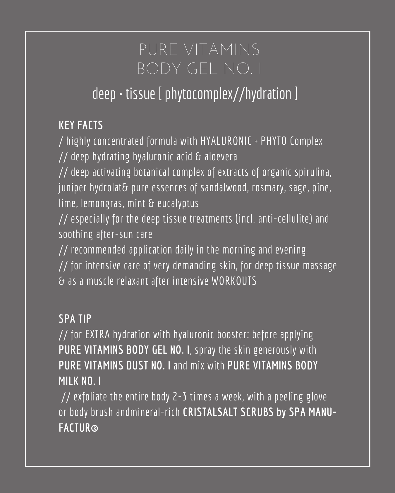 SPA MANUFACTUR Pure Vitamins Body Gel NO. I mit Hyaluron und Botanical Phytocomplex Produktkarte Rückseite mit Anwendungsempfehlung