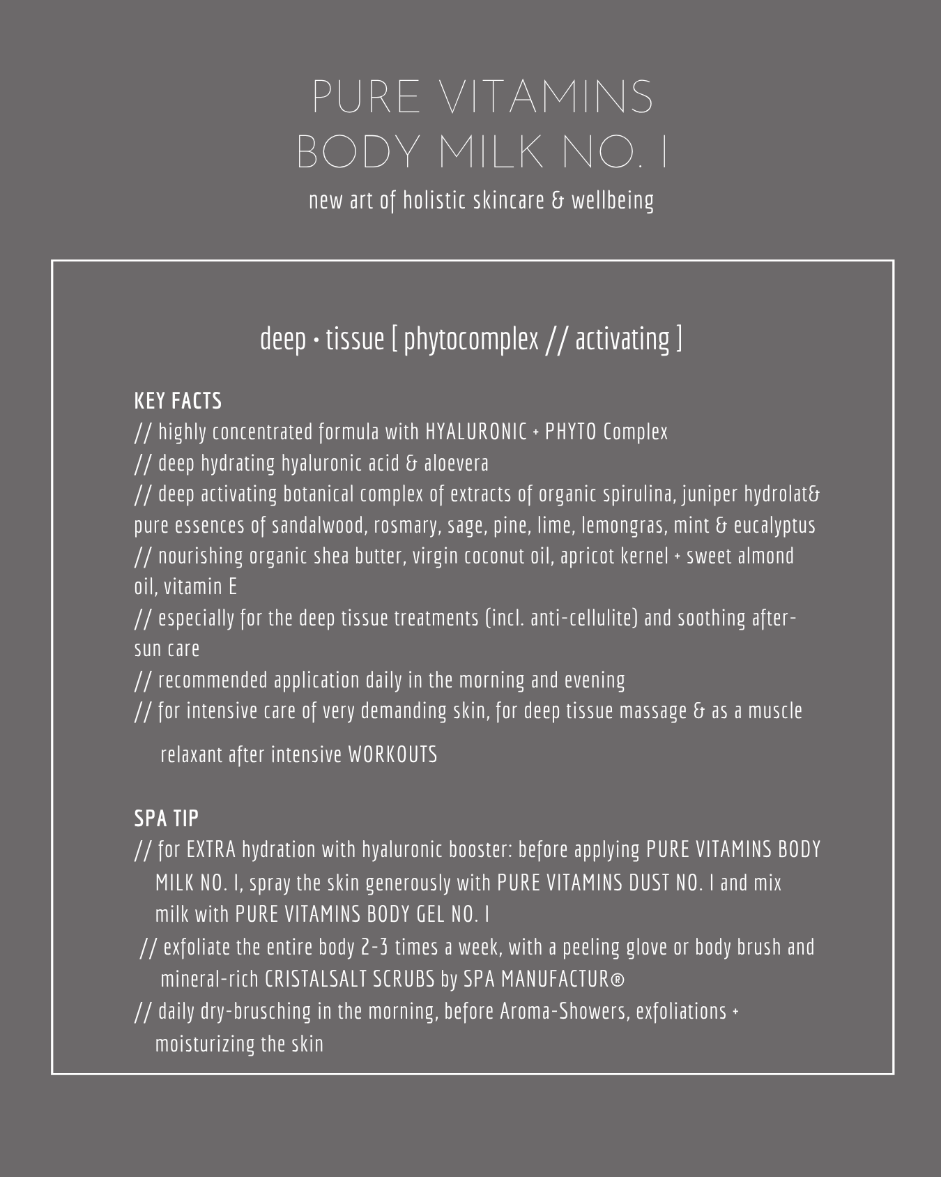 SPA MANUFACTUR Pure Vitamins Body Milk NO. I mit Hyaluron & Botanical Phytocomplex Produktkarte Rückseite mit Anwendungsempfehlung