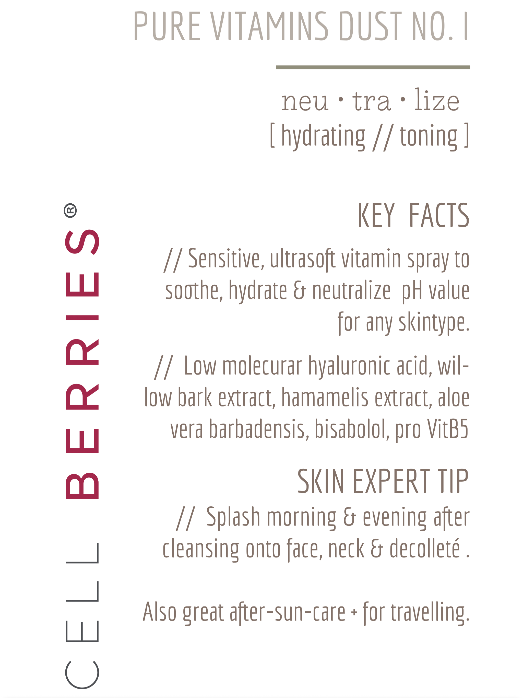 Produktkarte mit Anwendungsempfehlung für Pure Vitamins Dust NO. I von CELLBERRIES®