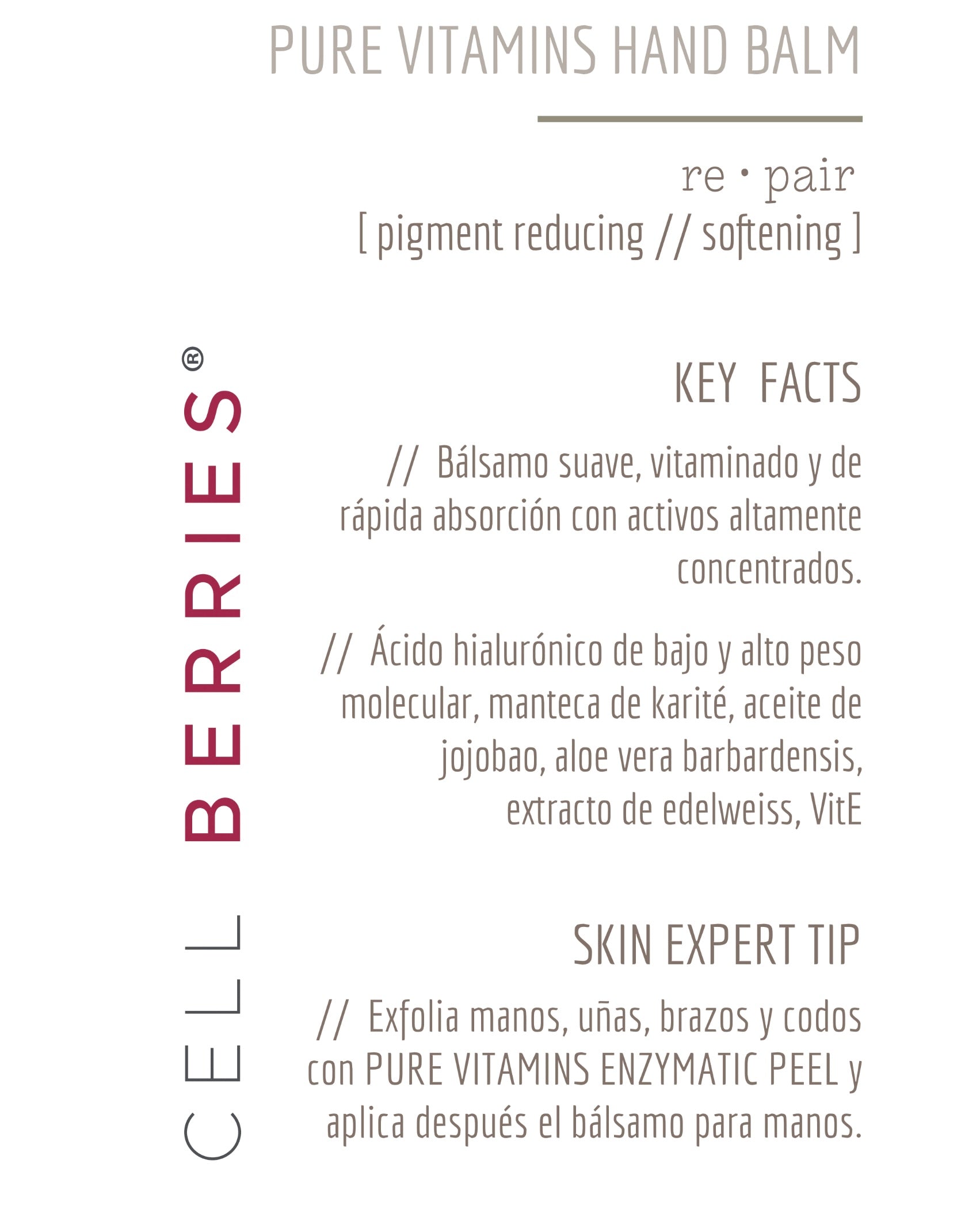 CELLBERRIES® Pure Vitamins Handbalm – Nährender Handbalsam mit Hyaluronsäure, Sheabutter und Edelweißextrakt für geschmeidige Hände und Nagelhaut.