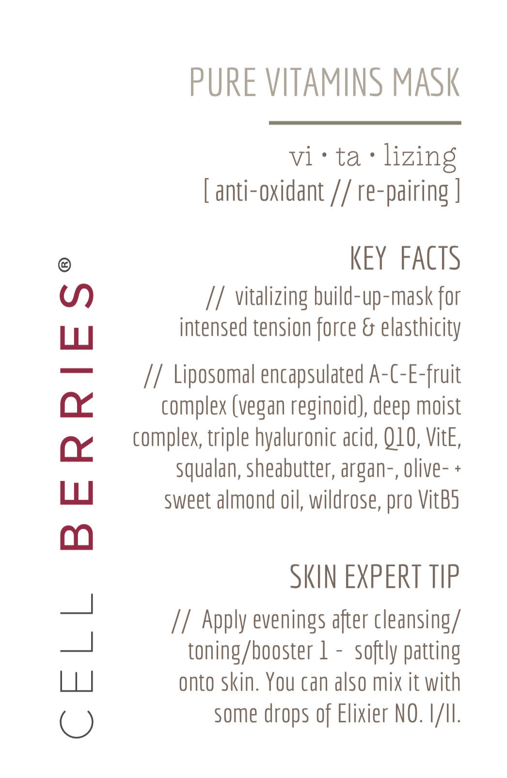 CELLBERRIES® Pure Vitamins Mask - vitalisierende Vitamin-Creme-Maske mit liposomalverkapselten Vitaminen A-C-E und 3fach Hyaluronsäure für mehr Spannkraft und Elastizität