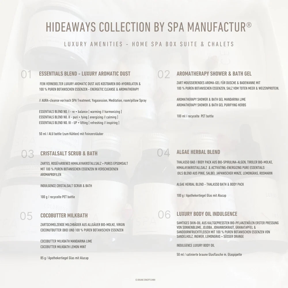 Produksortiment der HOME SPA BOX SUITE & CHALETS mit 12 Premium Naturkosmetik Produkten von SPA MANUFACTUR®