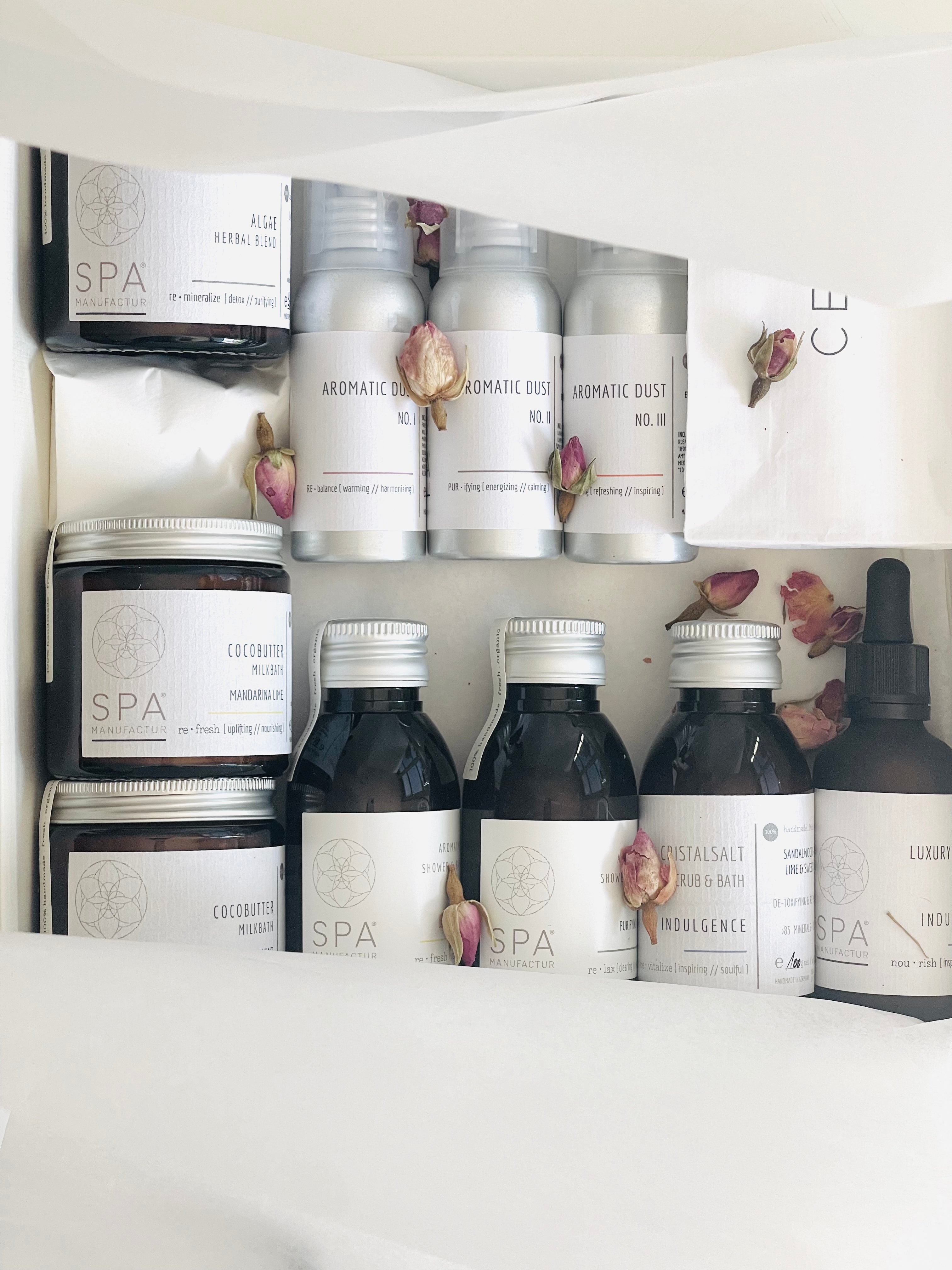  Wellnes zuhause mit der HOME SPA BOX SUITE & CHALETS mit 12 Premium Naturkosmetik Produkten von SPA MANUFACTUR®