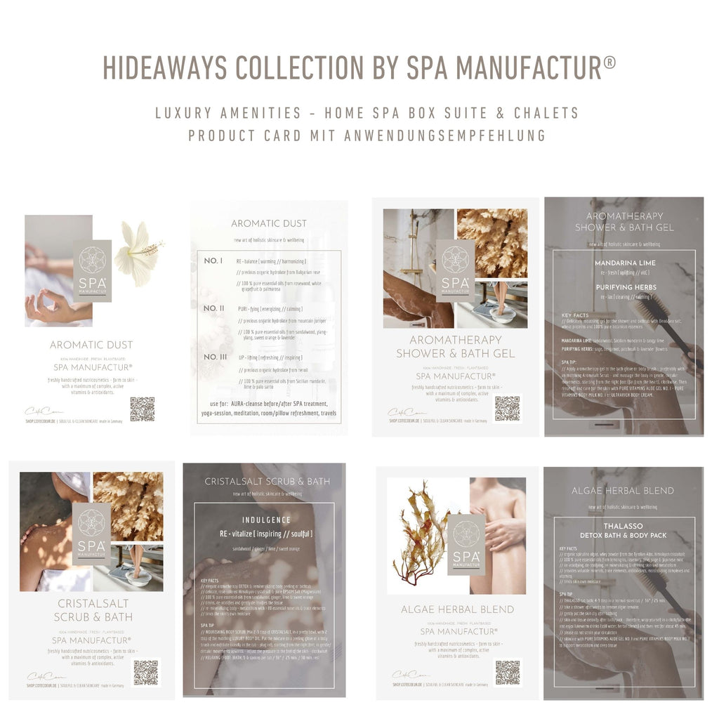 Produktkarten mit Anwendungsempfehlungen der HOME SPA BOX SUITE & CHALETS mit 12 Premium Naturkosmetik Produkten von SPA MANUFACTUR®