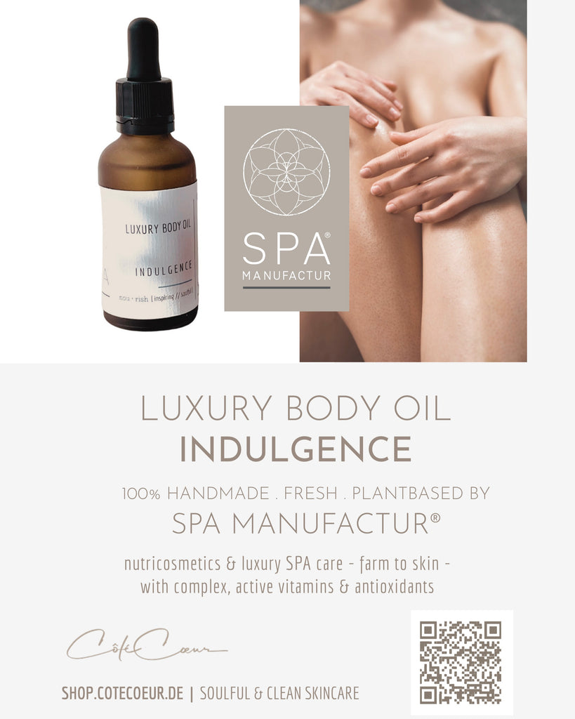 SPA MANUFACTUR® Luxury Body Oil INDULGENCE Product Card mit Anwendungsempfehlung in deutscher, englischer und spanischer Sprache